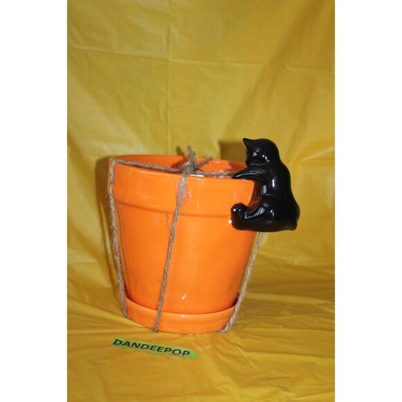 Rae Dunn Nine Lives Large Orange Ceramic Planter Pot With Black Cat Halloween - Picture 5 of 8